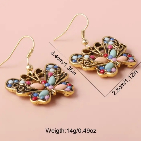 NWT Vintage Gemstone Butterfly Dangle Earrings Handmade - Picture 4 of 4